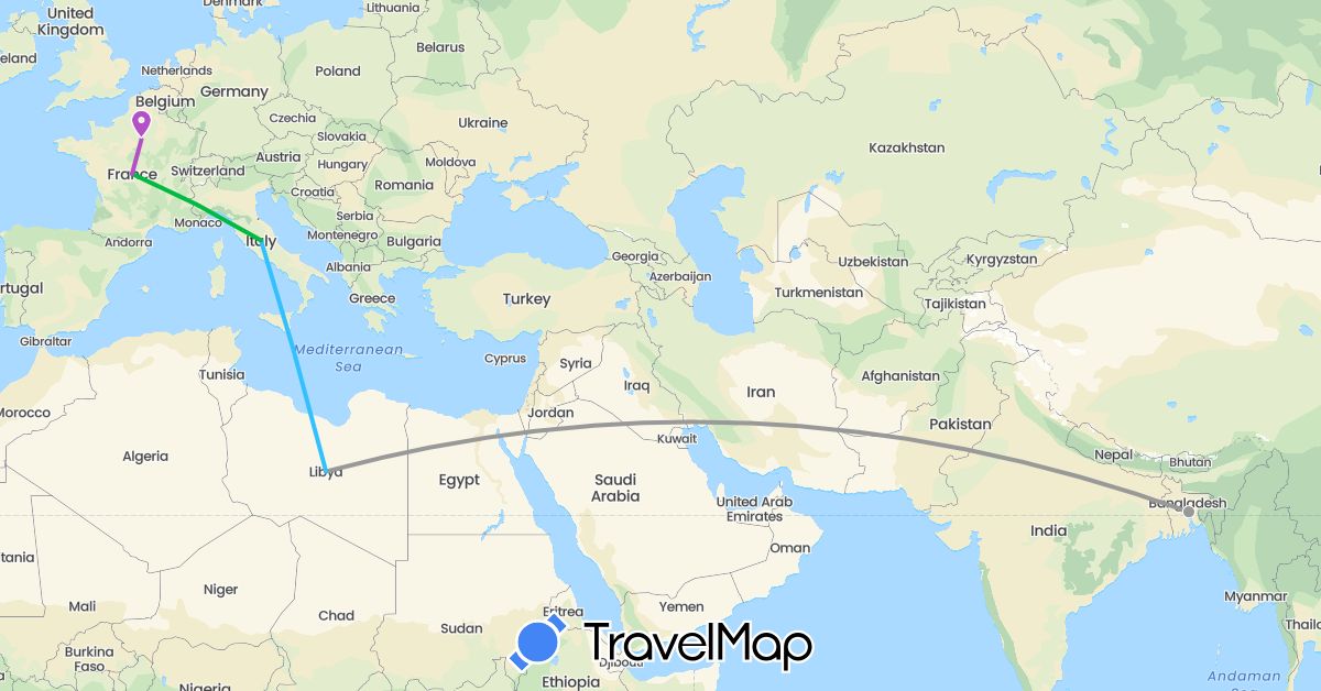 TravelMap itinerary: driving, bus, train, boat in Burkina Faso, France, Gambia, Italy, Libya, Mali (Africa, Europe)